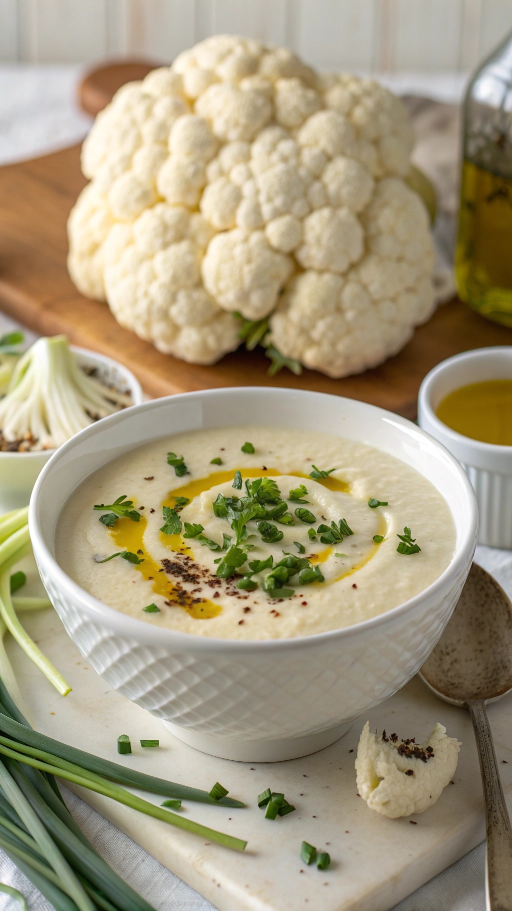 A bowl of creamy cauliflower soup garnished with herbs, with a cauliflower head in the background.