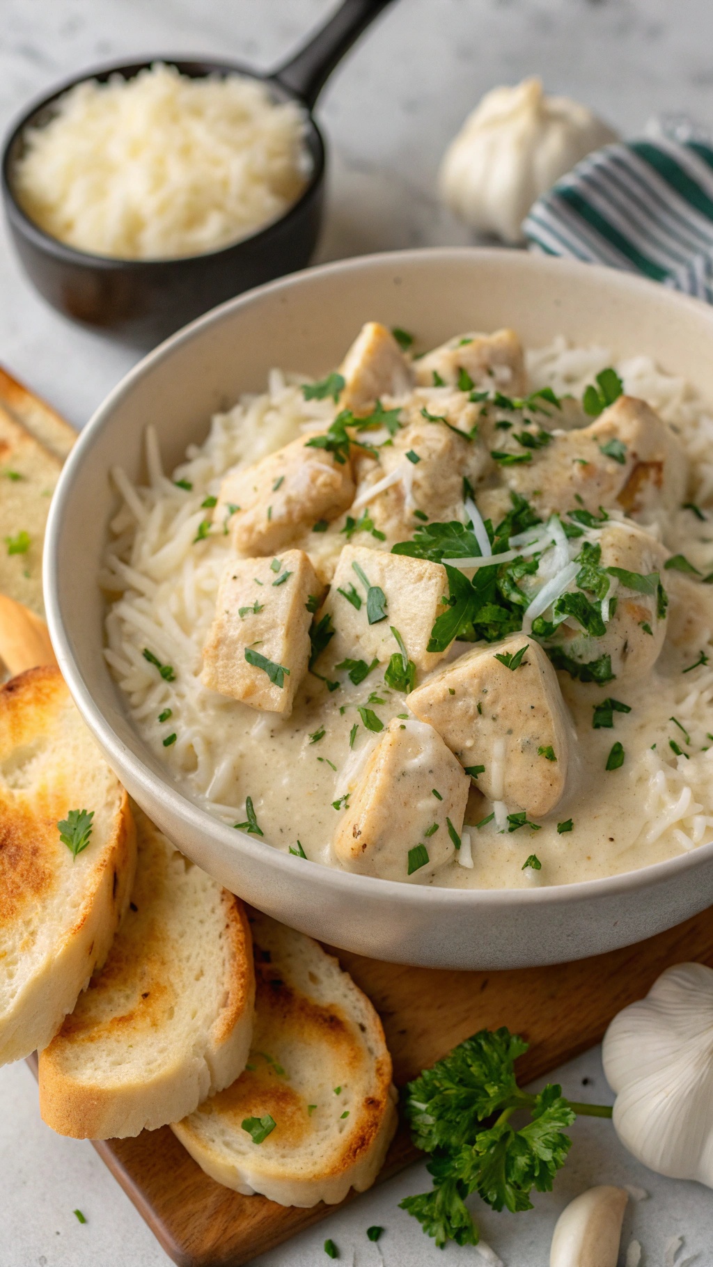 A creamy chicken Alfredo rice bowl topped with parsley, served with garlic bread on the side.