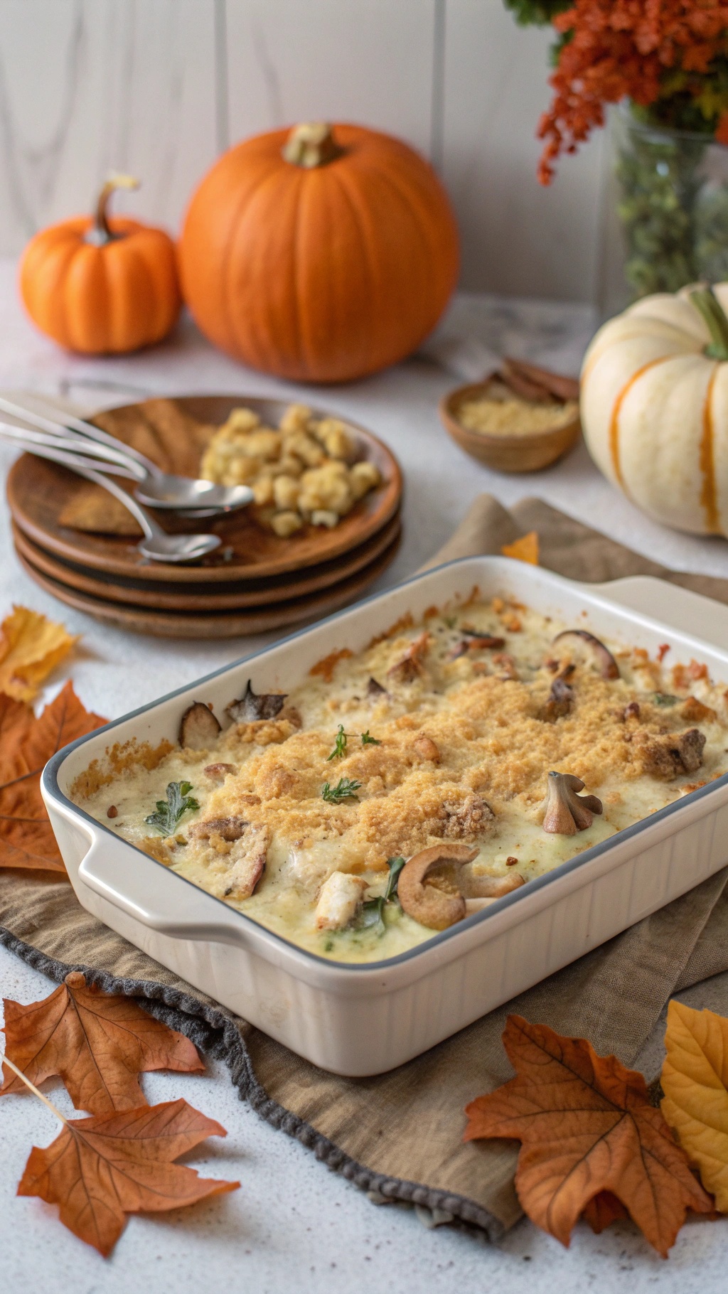 A creamy chicken and mushroom casserole in a baking dish, surrounded by autumn decorations like pumpkins and leaves.