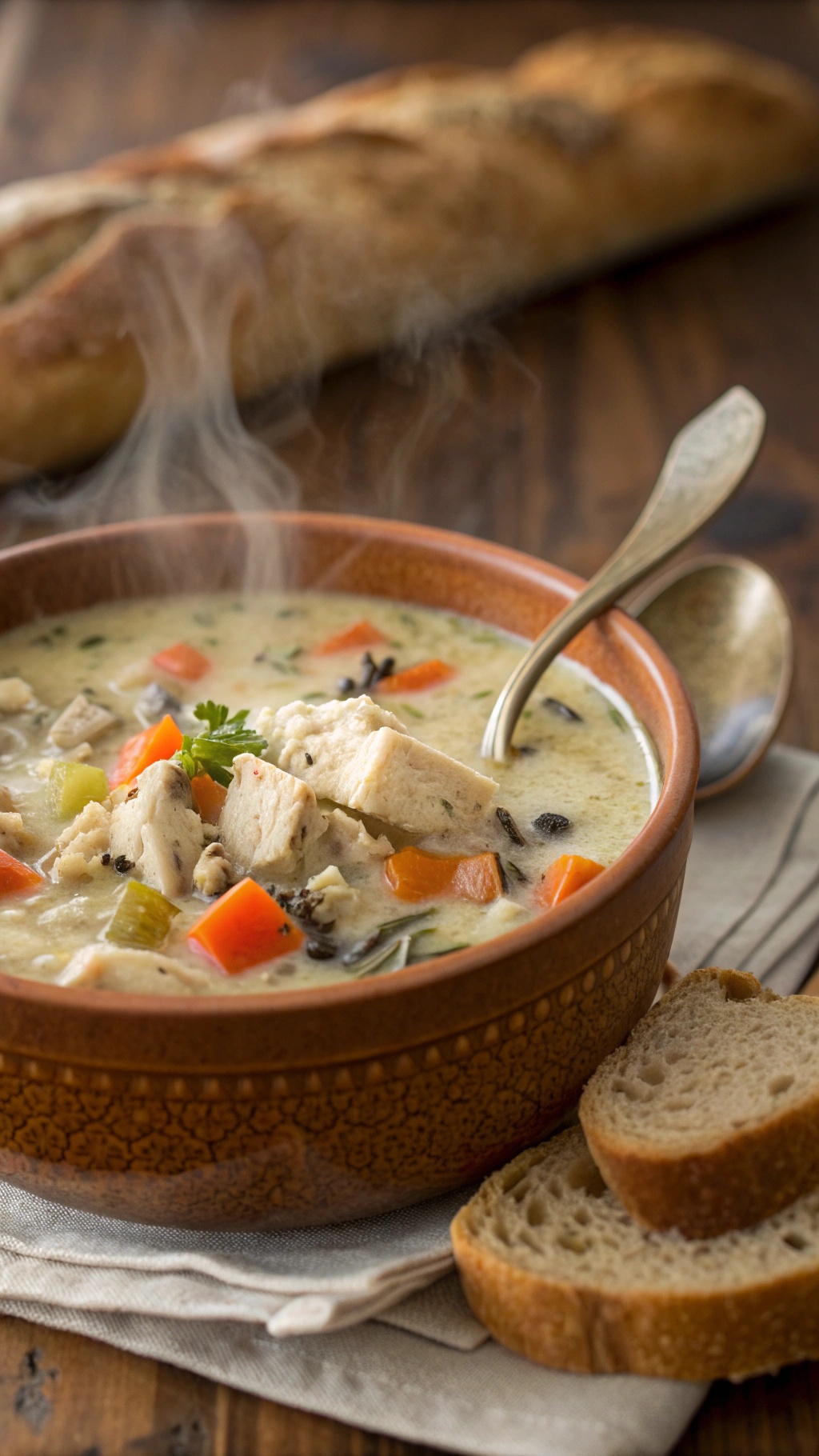 A bowl of creamy chicken and wild rice soup with vegetables and a side of bread.