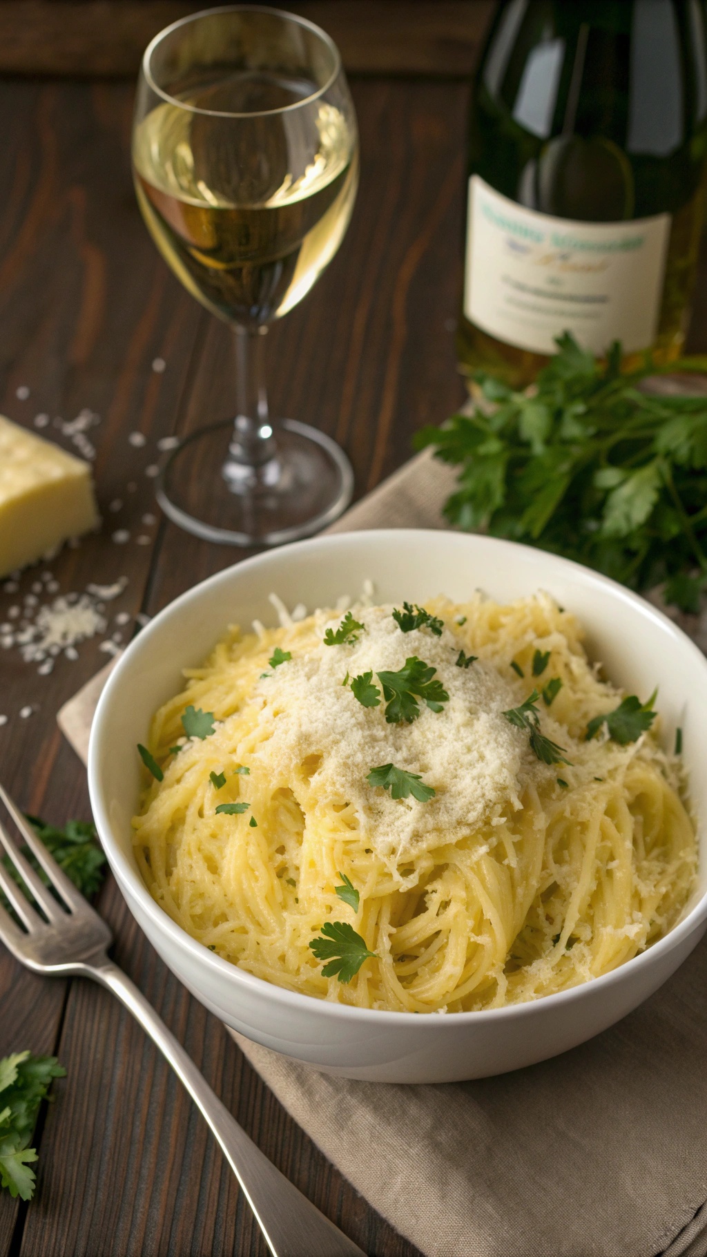 A bowl of creamy garlic Alfredo spaghetti squash topped with parmesan cheese and parsley, accompanied by a glass of white wine.
