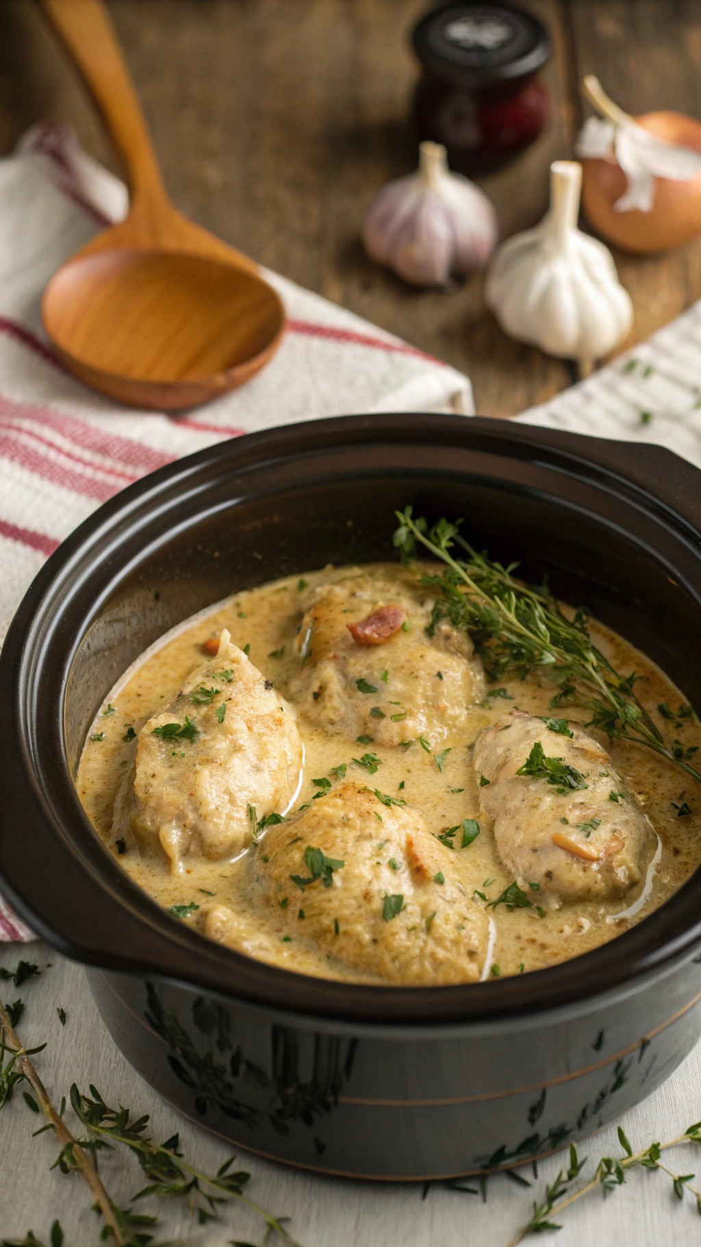 A crockpot filled with creamy garlic chicken, garnished with herbs.