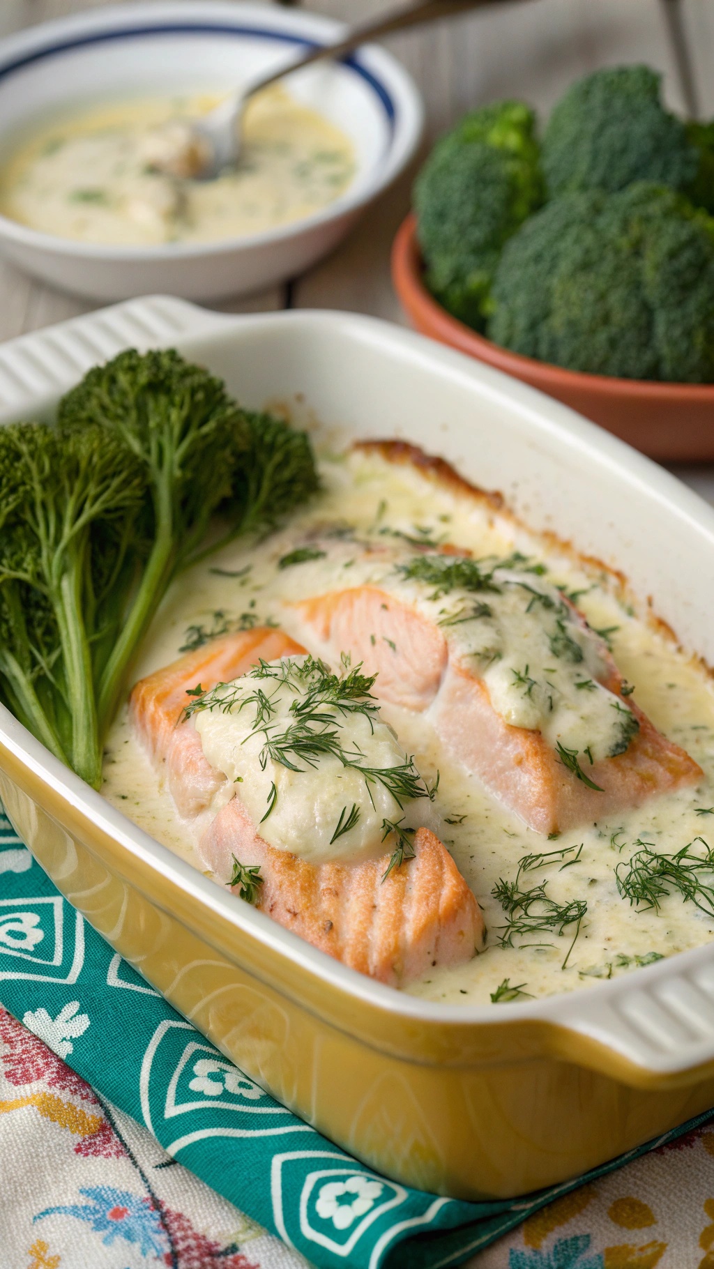 Creamy Garlic Dijon Salmon Bake with broccoli in a baking dish