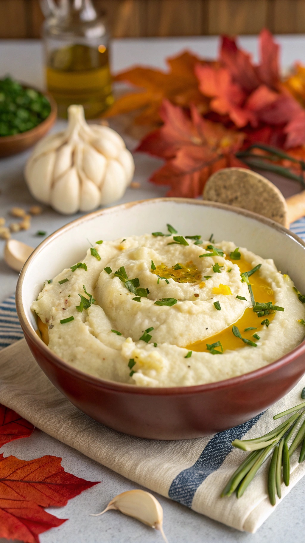 A bowl of creamy garlic mashed cauliflower topped with olive oil and fresh herbs, surrounded by garlic cloves and autumn leaves.