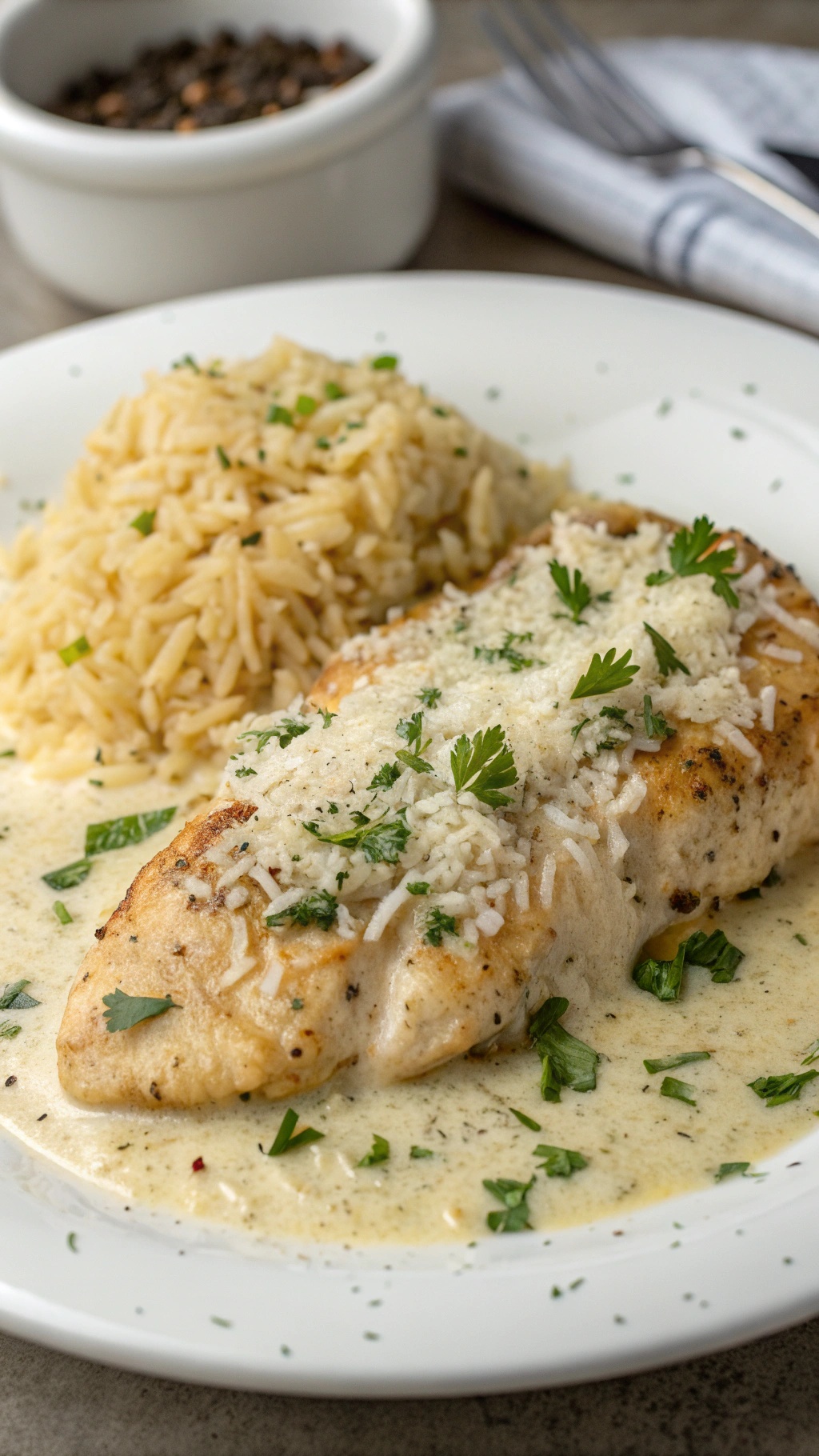 Creamy Garlic Parmesan Chicken served with rice and garnished with parsley