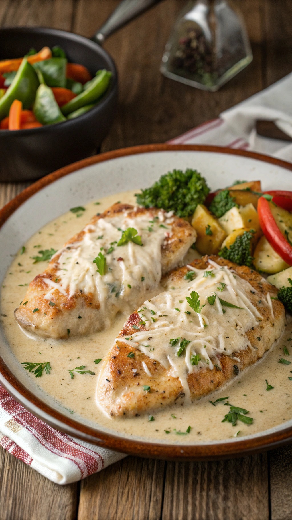 Creamy Garlic Parmesan Chicken served with vegetables