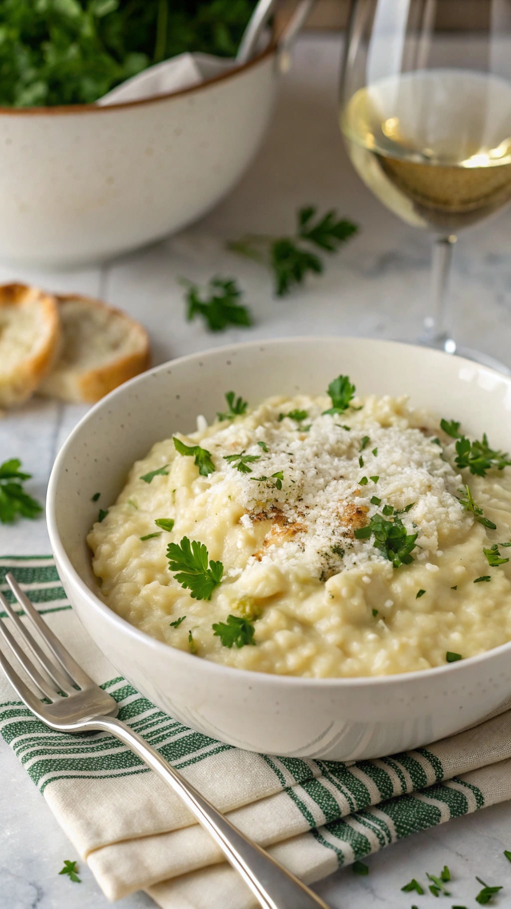 A bowl of creamy garlic parmesan risotto topped with parsley and parmesan cheese, served with a glass of white wine and bread on the side.
