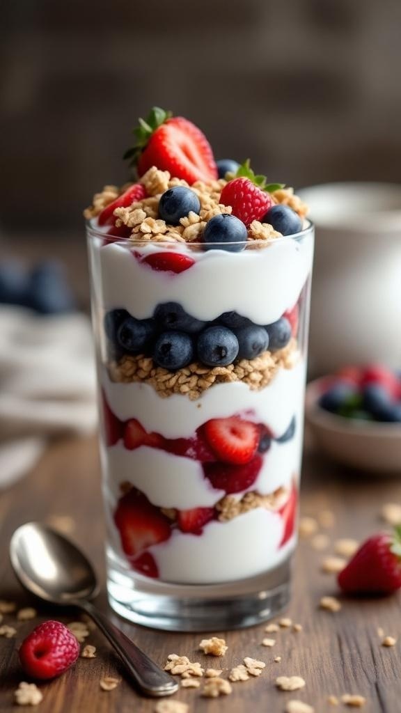 A delicious Greek yogurt parfait with layers of yogurt, berries, and granola in a glass.