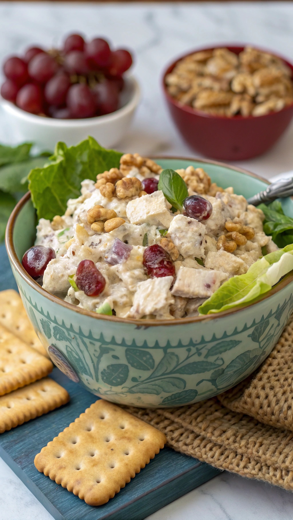 A bowl of creamy Greek yogurt chicken salad with grapes and walnuts, served with crackers.
