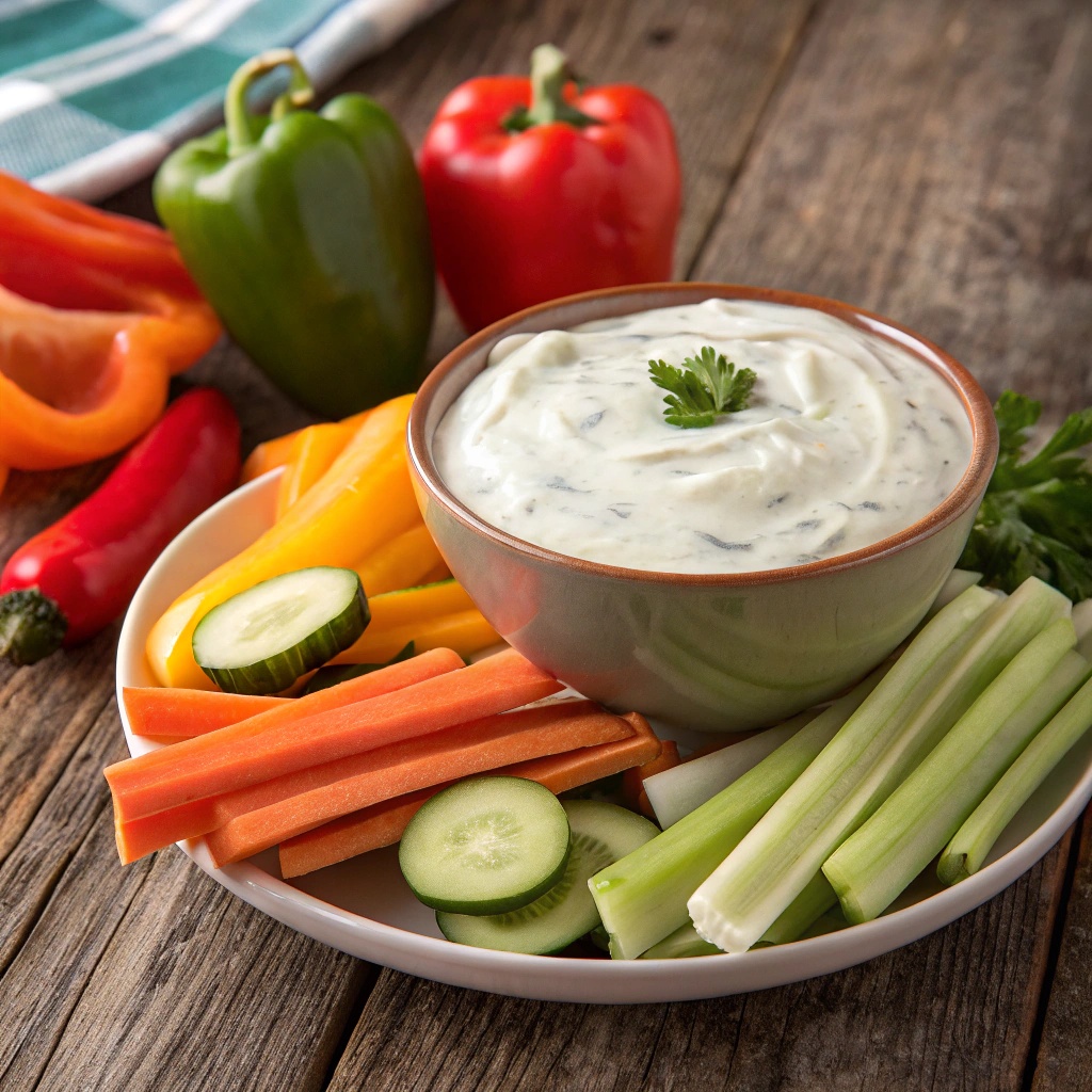A bowl of creamy Greek yogurt dip surrounded by colorful fresh vegetables like carrots, celery, and bell peppers.