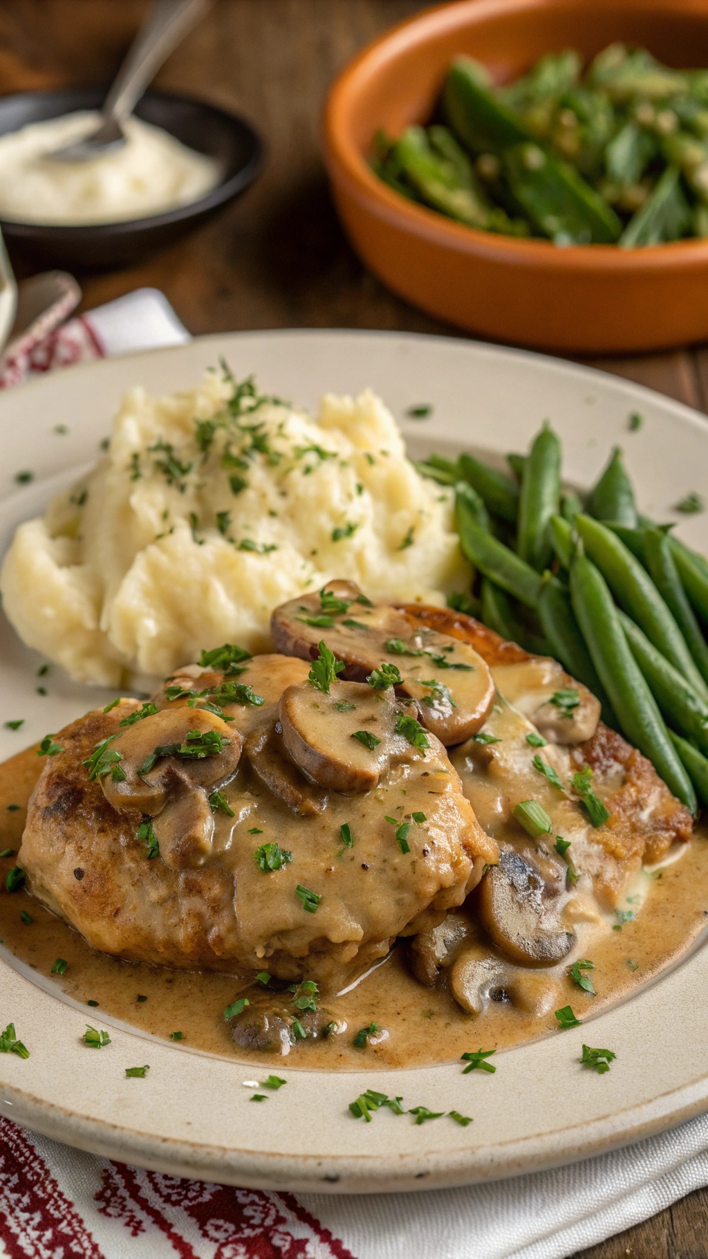 Creamy mushroom chicken thighs served with mashed potatoes and green beans.