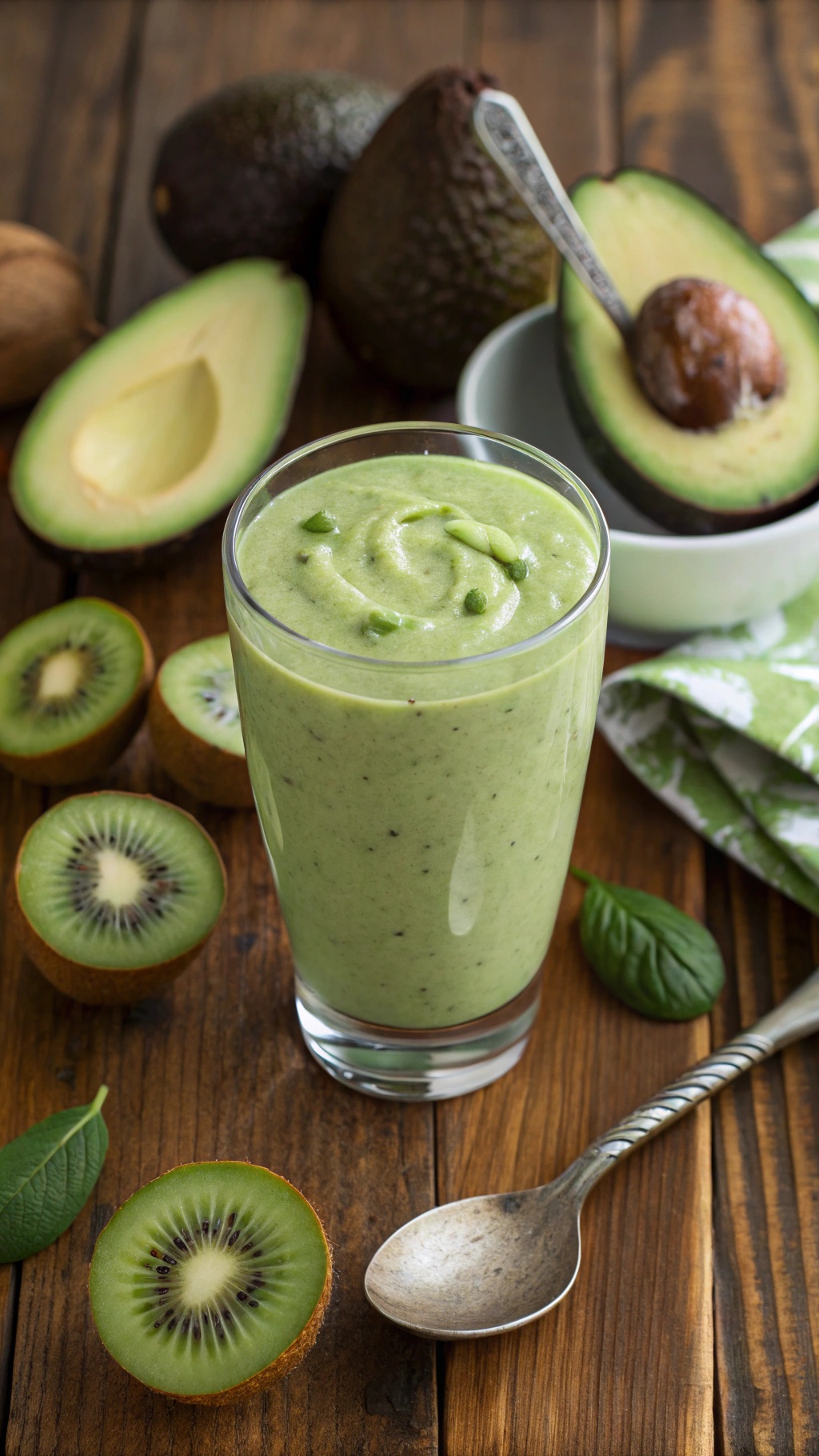 A creamy kiwi avocado smoothie in a glass, surrounded by fresh kiwis and avocados on a wooden table.