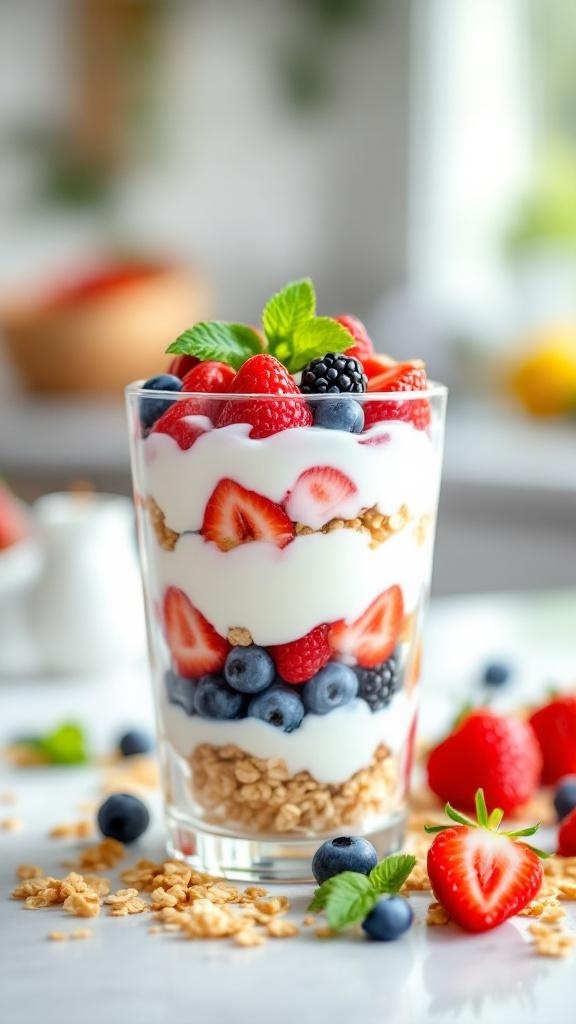 A creamy lemon yogurt parfait layered with granola and mixed berries in a glass.