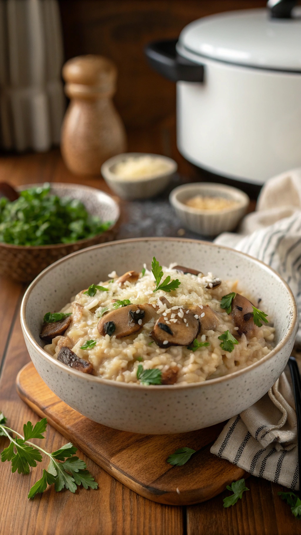 A bowl of creamy mushroom risotto garnished with parsley, with a crock pot in the background.