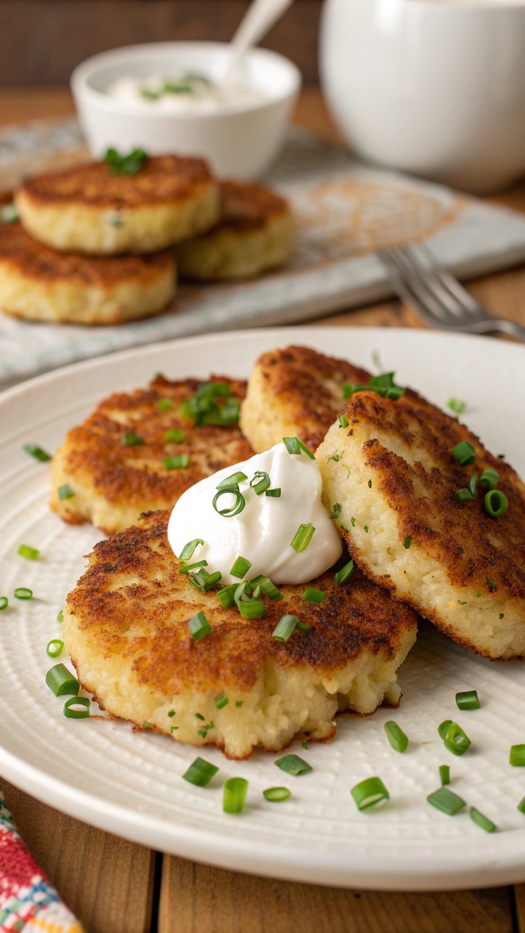 Crispy mashed potato cakes topped with sour cream and green onions.