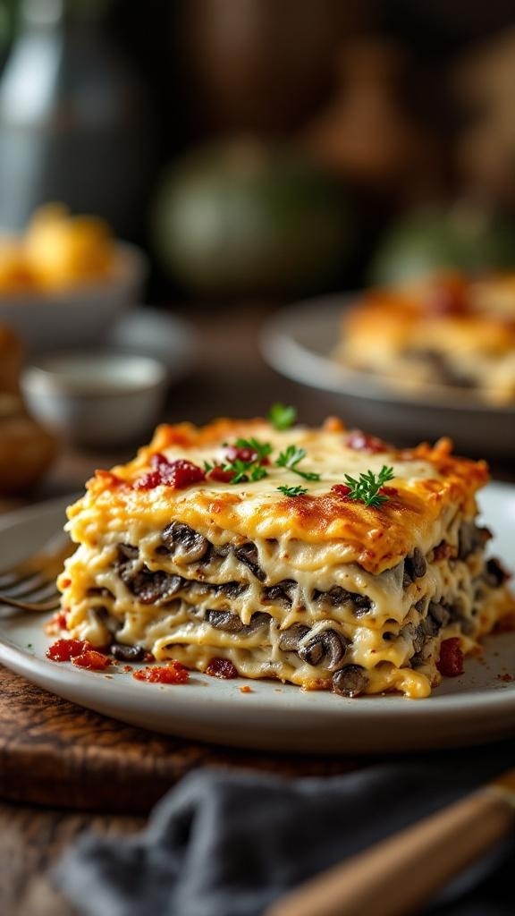 A slice of creamy mushroom and bacon one-pan lasagna on a plate, garnished with fresh herbs.