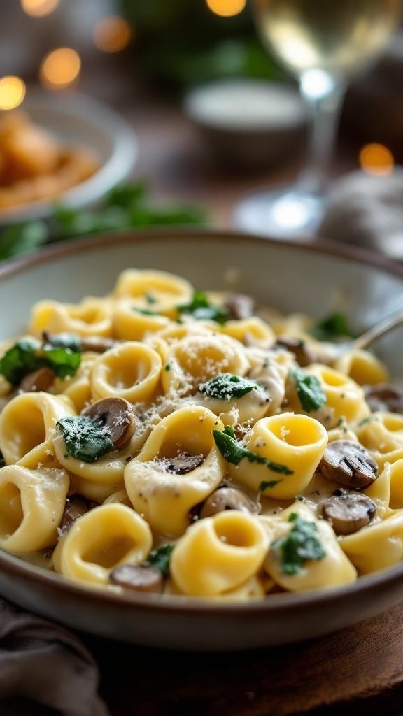 A bowl of creamy mushroom and spinach tortellini Alfredo garnished with parsley and Parmesan cheese.
