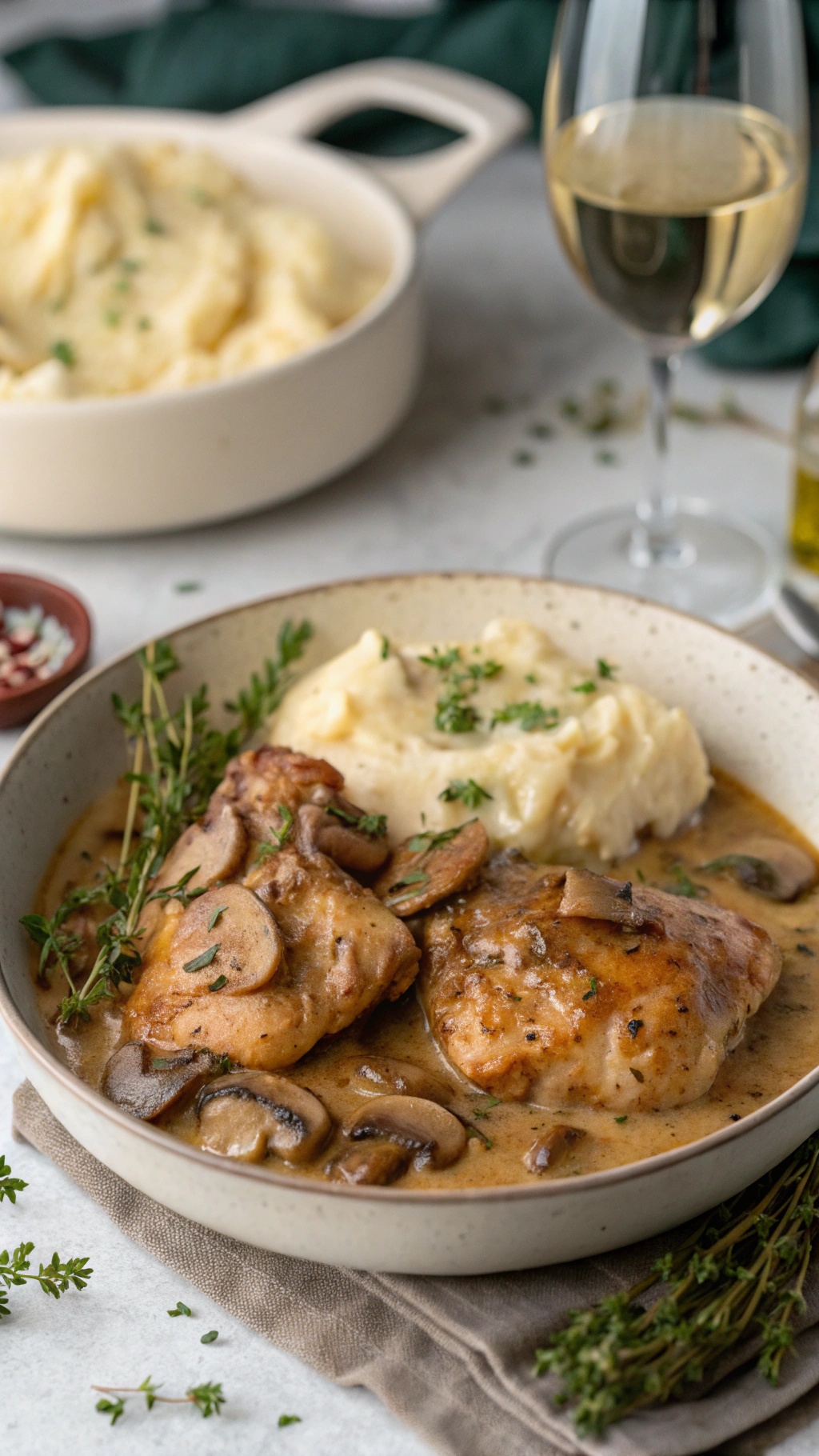 Creamy mushroom and thyme chicken thighs served with mashed potatoes and garnished with thyme.