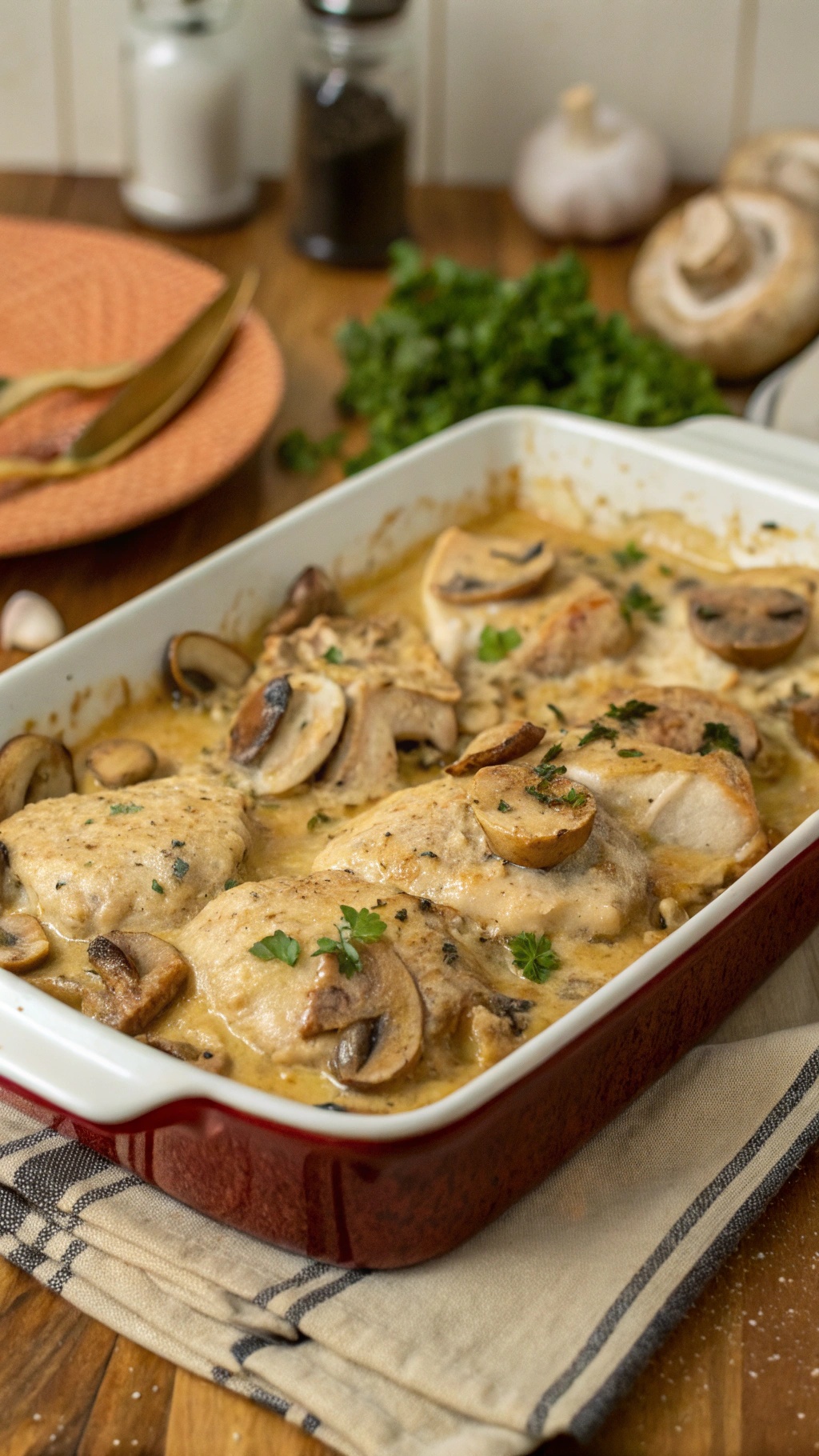A creamy mushroom chicken casserole in a baking dish, garnished with parsley and surrounded by kitchen ingredients.