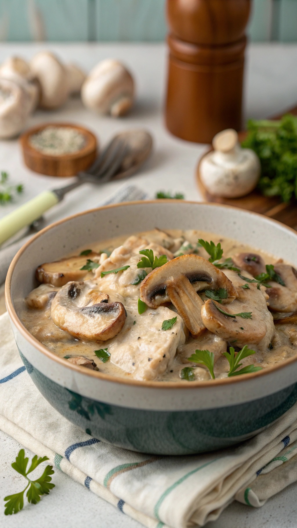 A bowl of creamy mushroom chicken with fresh parsley on top, surrounded by mushrooms and spices.