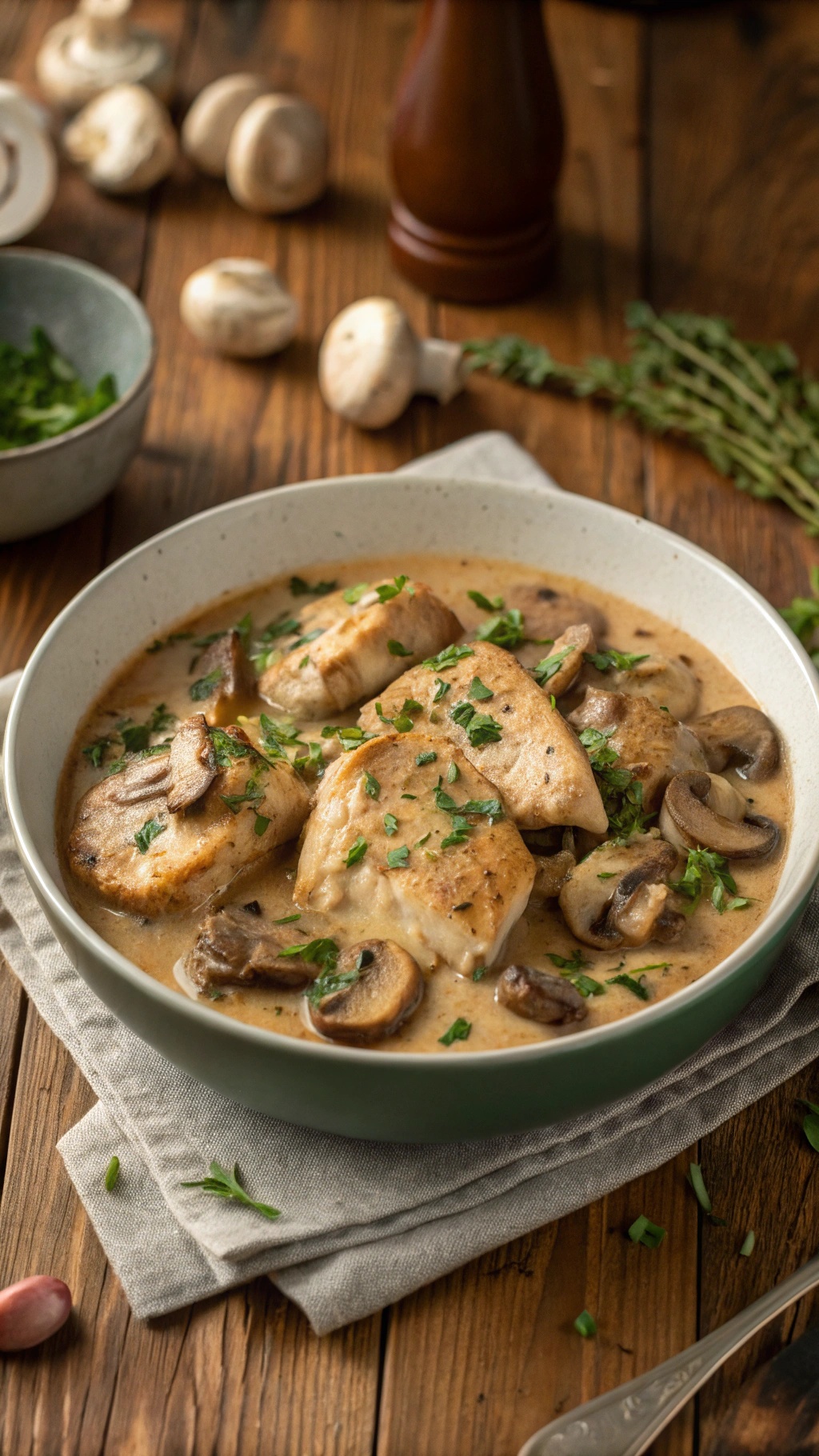 Creamy mushroom chicken in a bowl, garnished with parsley, with mushrooms and herbs in the background.