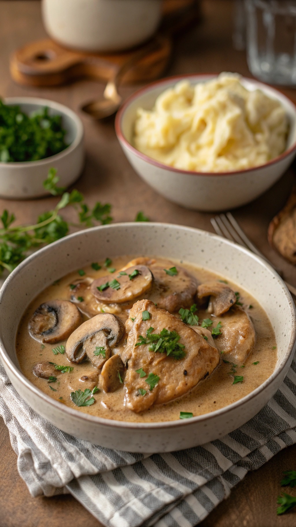 Creamy mushroom chicken thighs in a bowl with mashed potatoes and fresh parsley