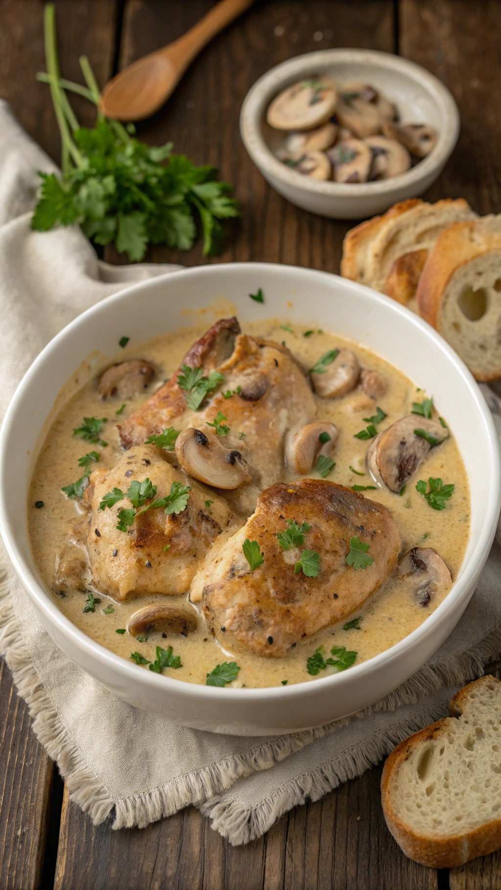 Creamy Mushroom Chicken Thighs served in a bowl with fresh herbs and mushrooms.