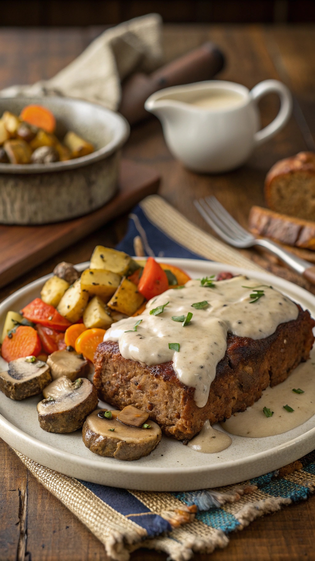 Creamy mushroom meatloaf served with vegetables and sauce
