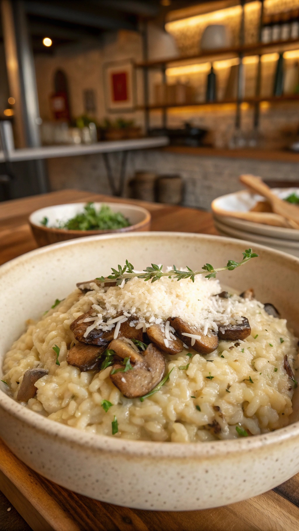 A bowl of creamy mushroom risotto topped with sautéed mushrooms and herbs.