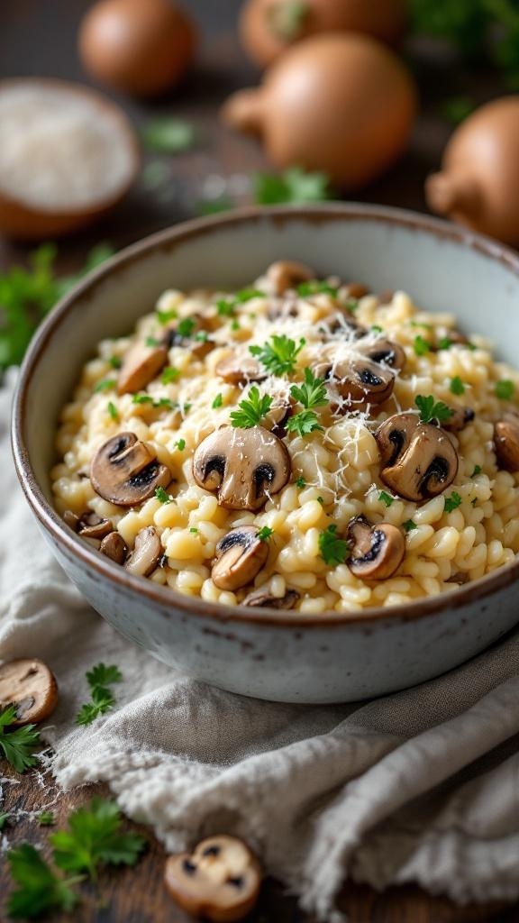 A bowl of creamy mushroom risotto garnished with parsley and sliced mushrooms, with eggs and herbs in the background.
