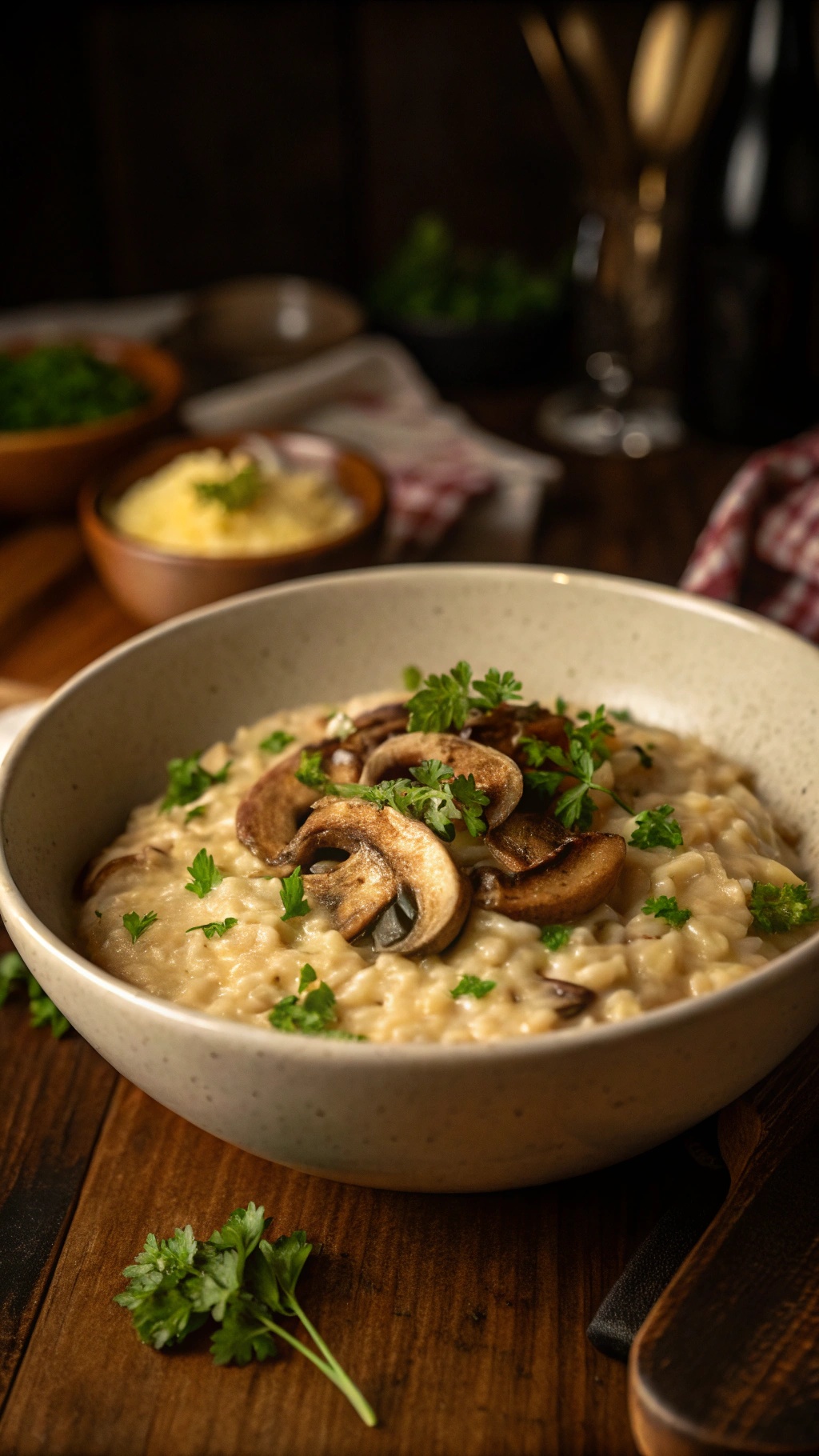 A bowl of creamy mushroom risotto topped with sautéed mushrooms and fresh parsley.