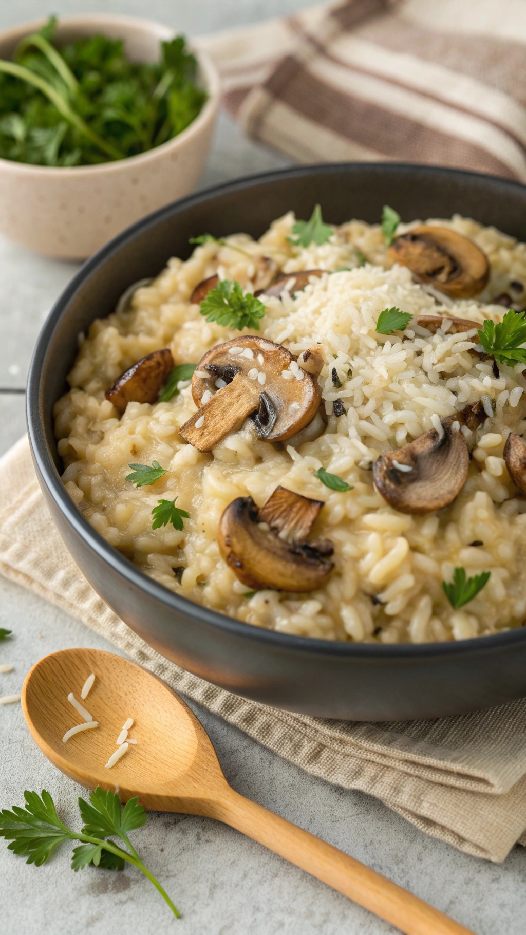 A bowl of creamy mushroom risotto topped with mushrooms and parsley, with a wooden spoon and fresh herbs on the side.