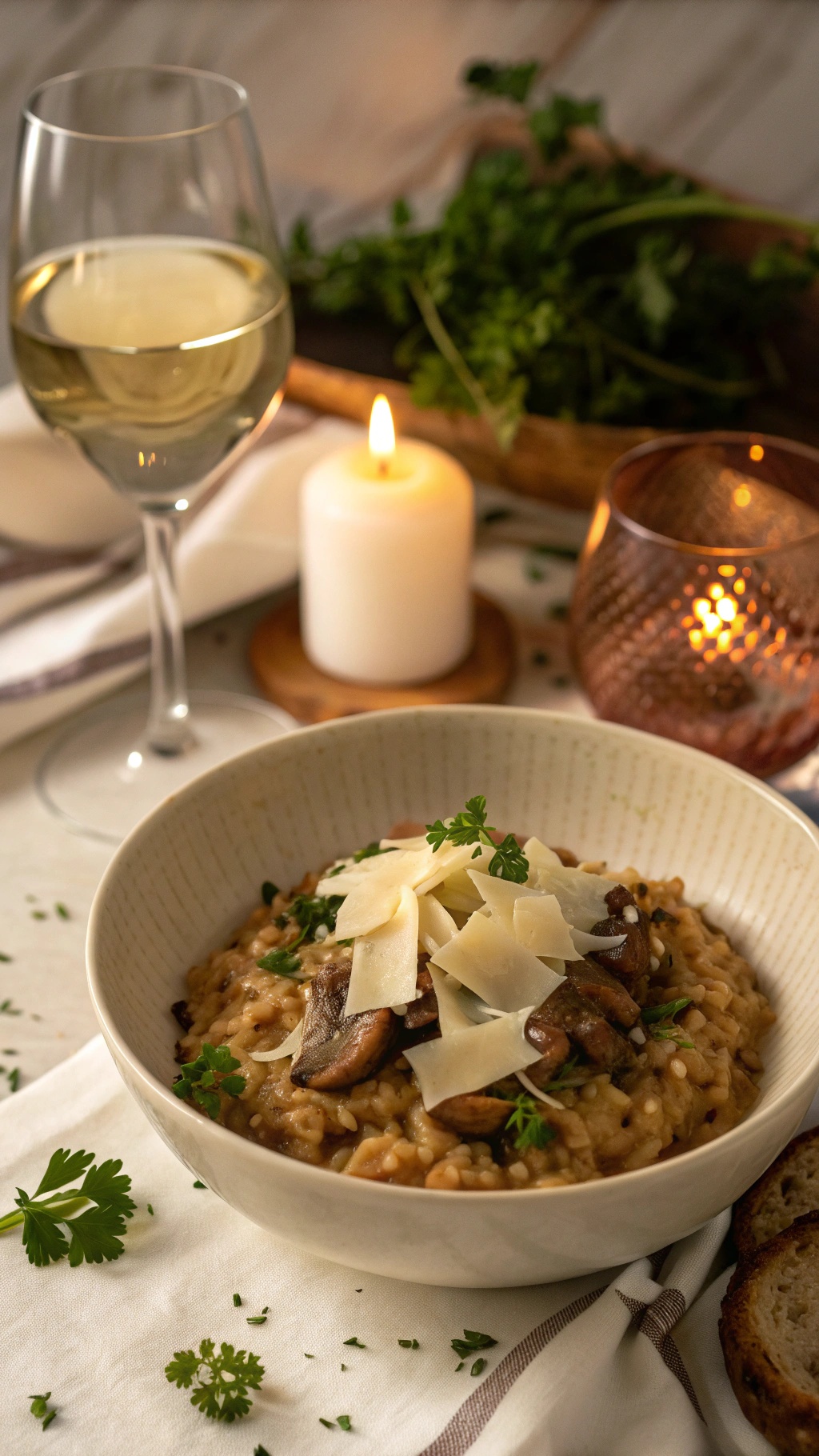 A bowl of creamy mushroom risotto topped with fresh herbs and cheese, accompanied by a glass of white wine and a candle.