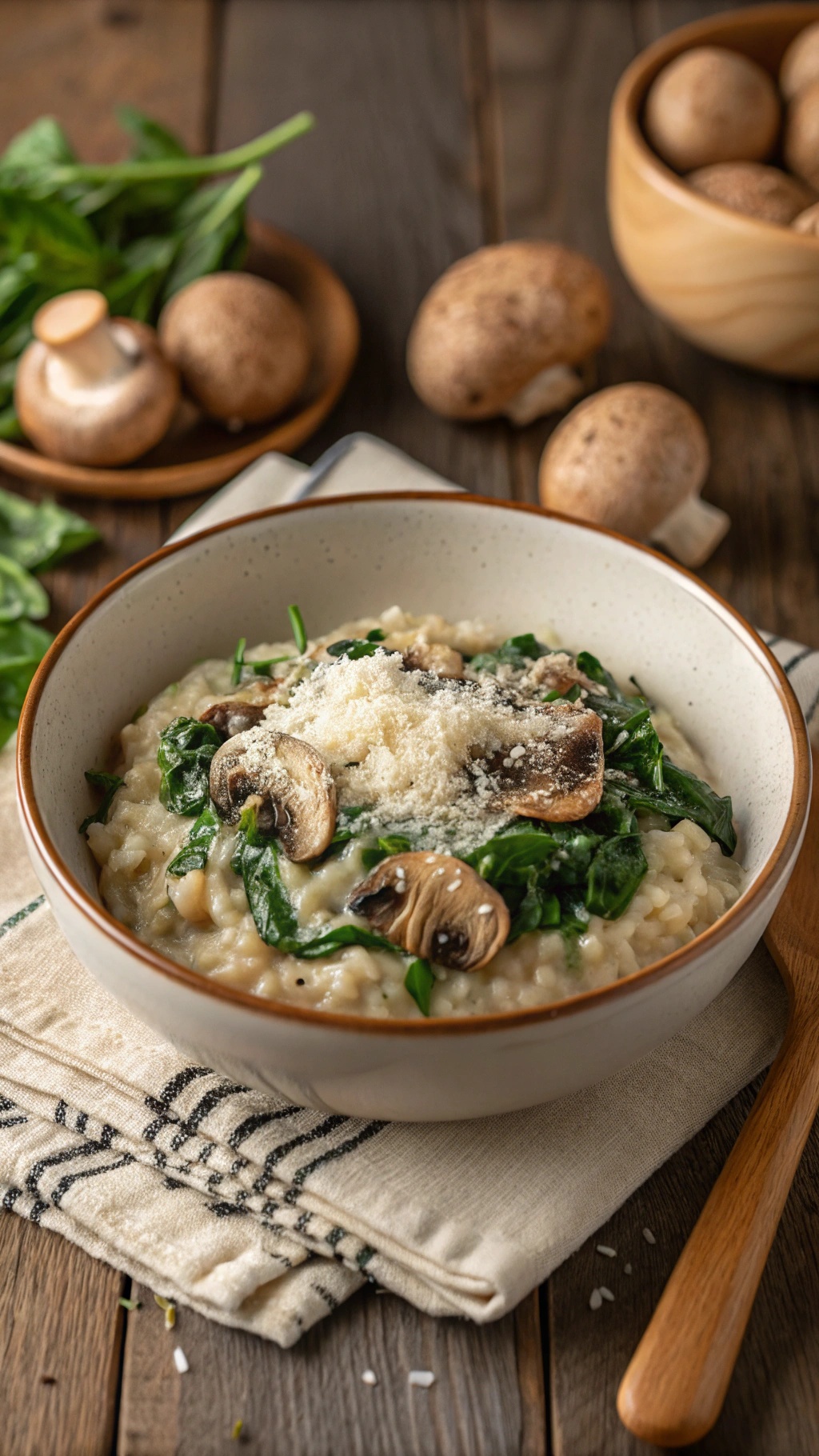 A bowl of creamy mushroom risotto with spinach, garnished with Parmesan cheese.