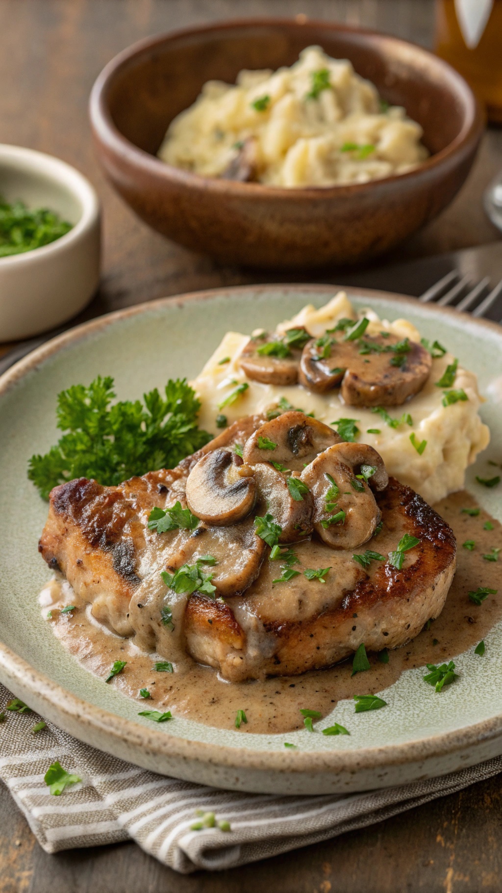 Pork chops topped with creamy mushroom sauce and garnished with parsley, served with mashed potatoes.