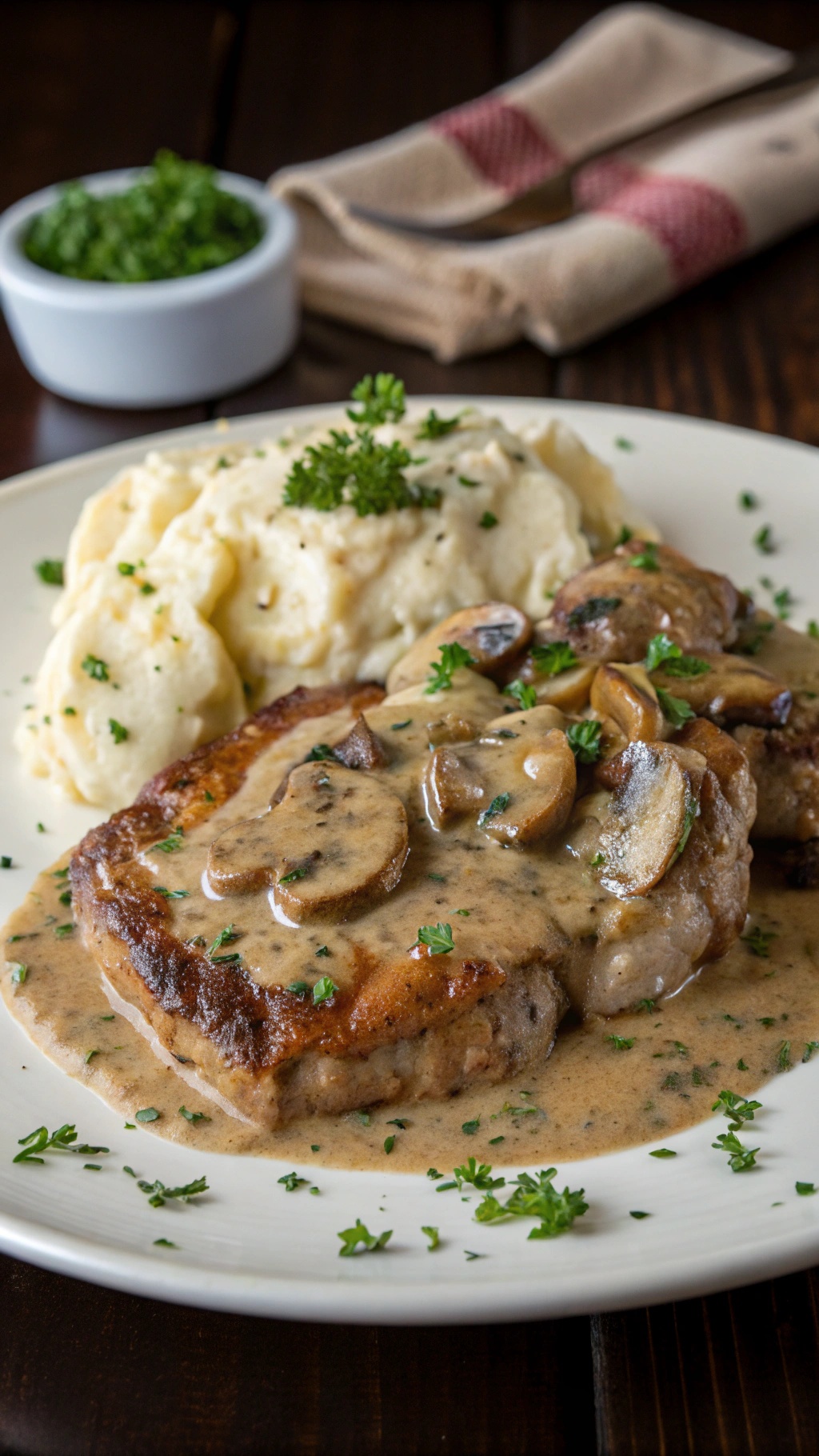 Creamy mushroom sauce pork chops served with mashed potatoes and garnished with parsley.