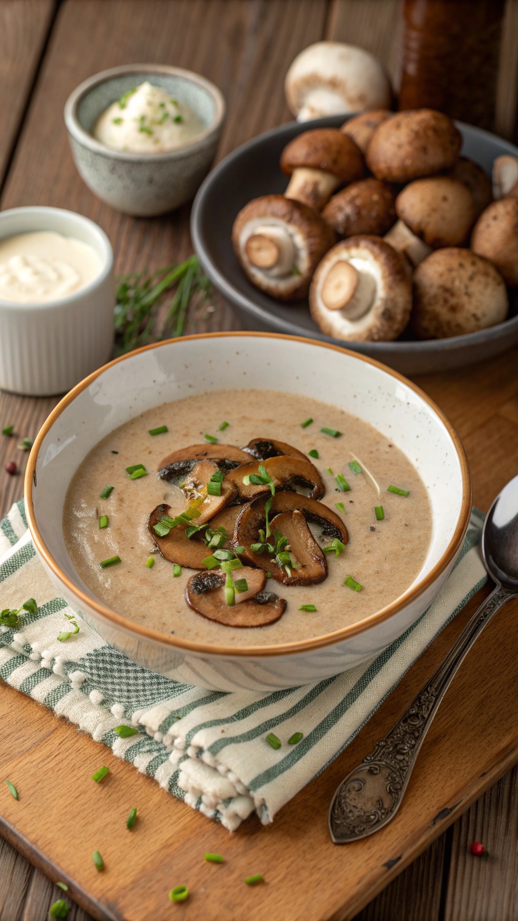 A bowl of creamy mushroom soup garnished with sautéed mushrooms and chives, with fresh mushrooms and cream in the background.