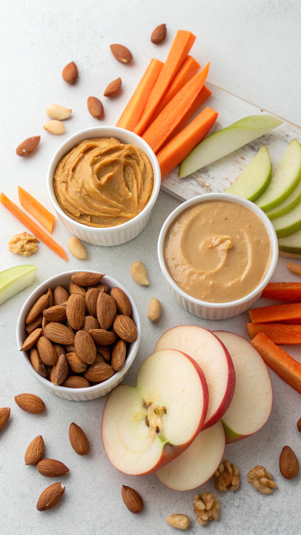Creamy nut butter dips with carrot sticks and apple slices