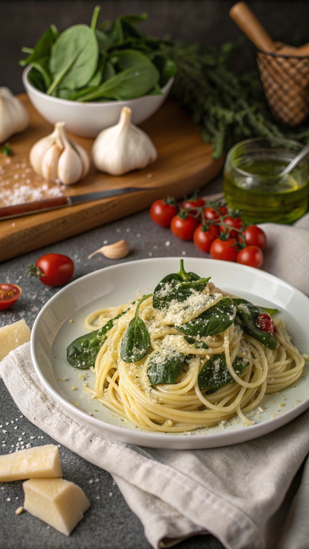 A plate of creamy spinach and ricotta spaghetti garnished with cheese and cherry tomatoes.