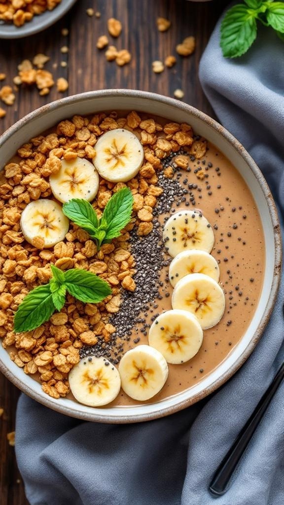 Creamy peanut butter banana smoothie bowl topped with granola, banana slices, and chia seeds