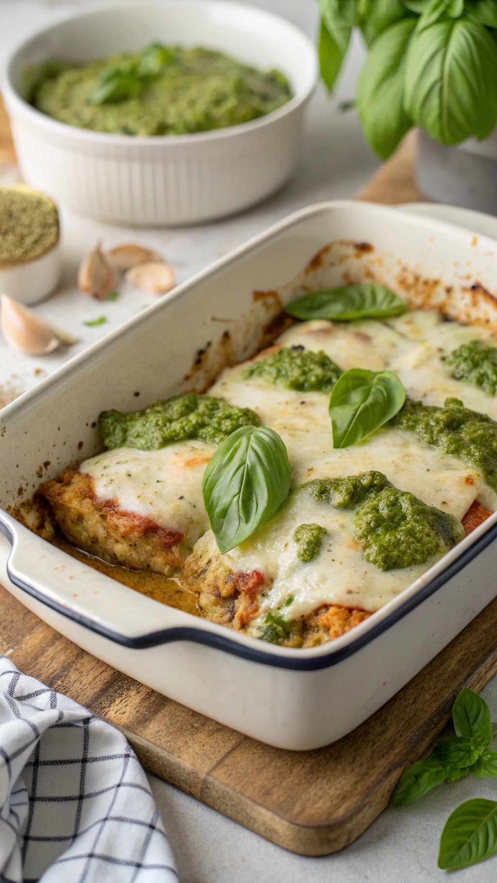 Creamy Pesto Chicken Bake with melted cheese and fresh basil