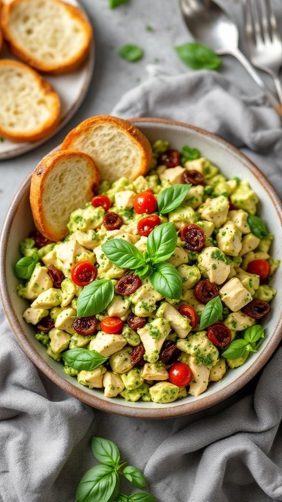 A bowl of creamy pesto chicken salad with sun-dried tomatoes and fresh basil, served with slices of bread.