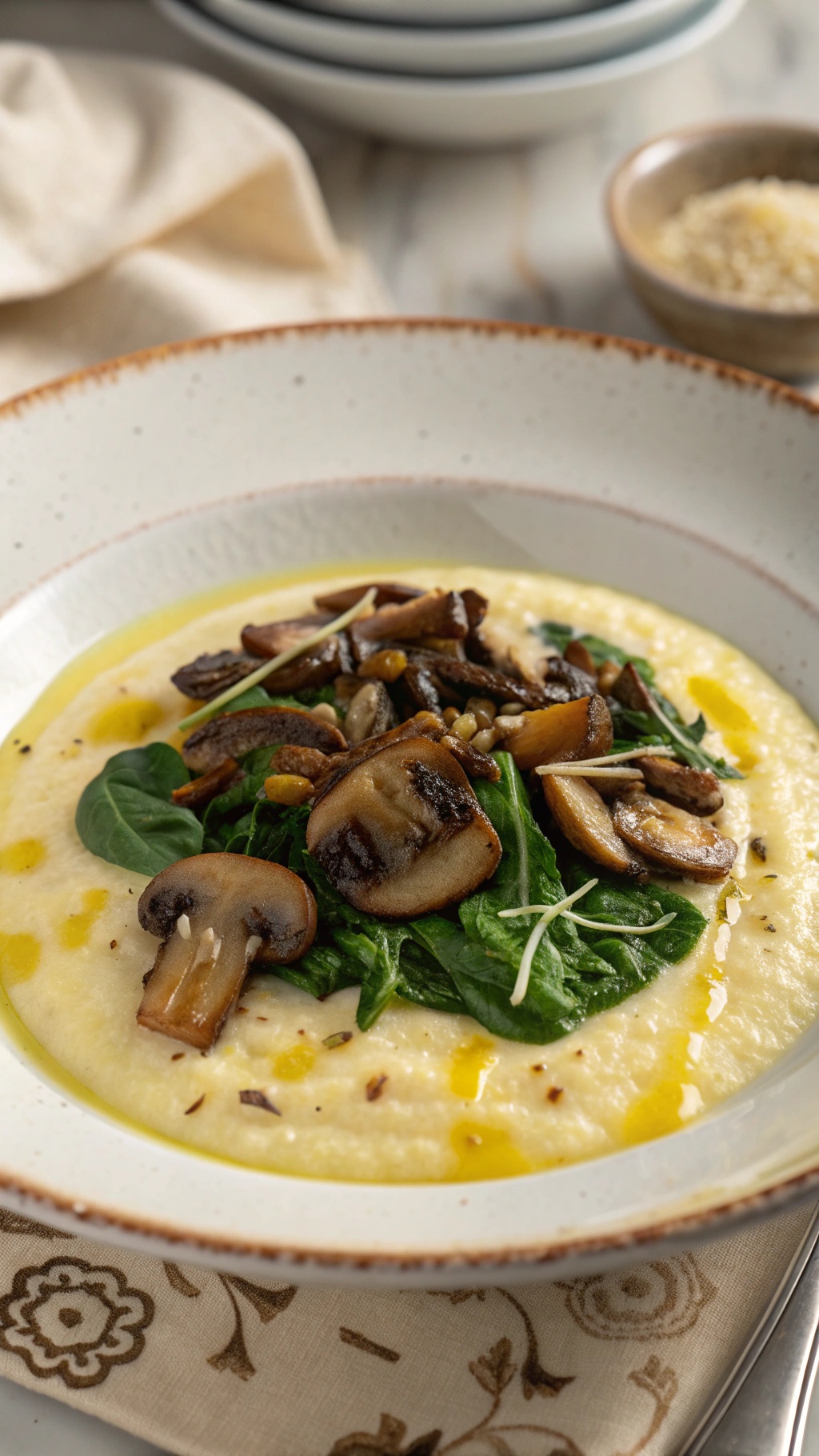 A bowl of creamy polenta topped with sautéed mushrooms and spinach, garnished with olive oil.