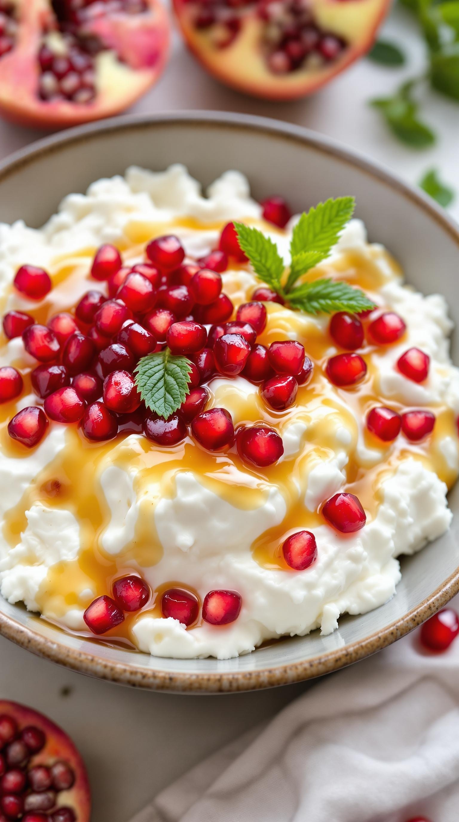 A bowl of creamy cottage cheese topped with pomegranate seeds and honey, garnished with mint leaves.