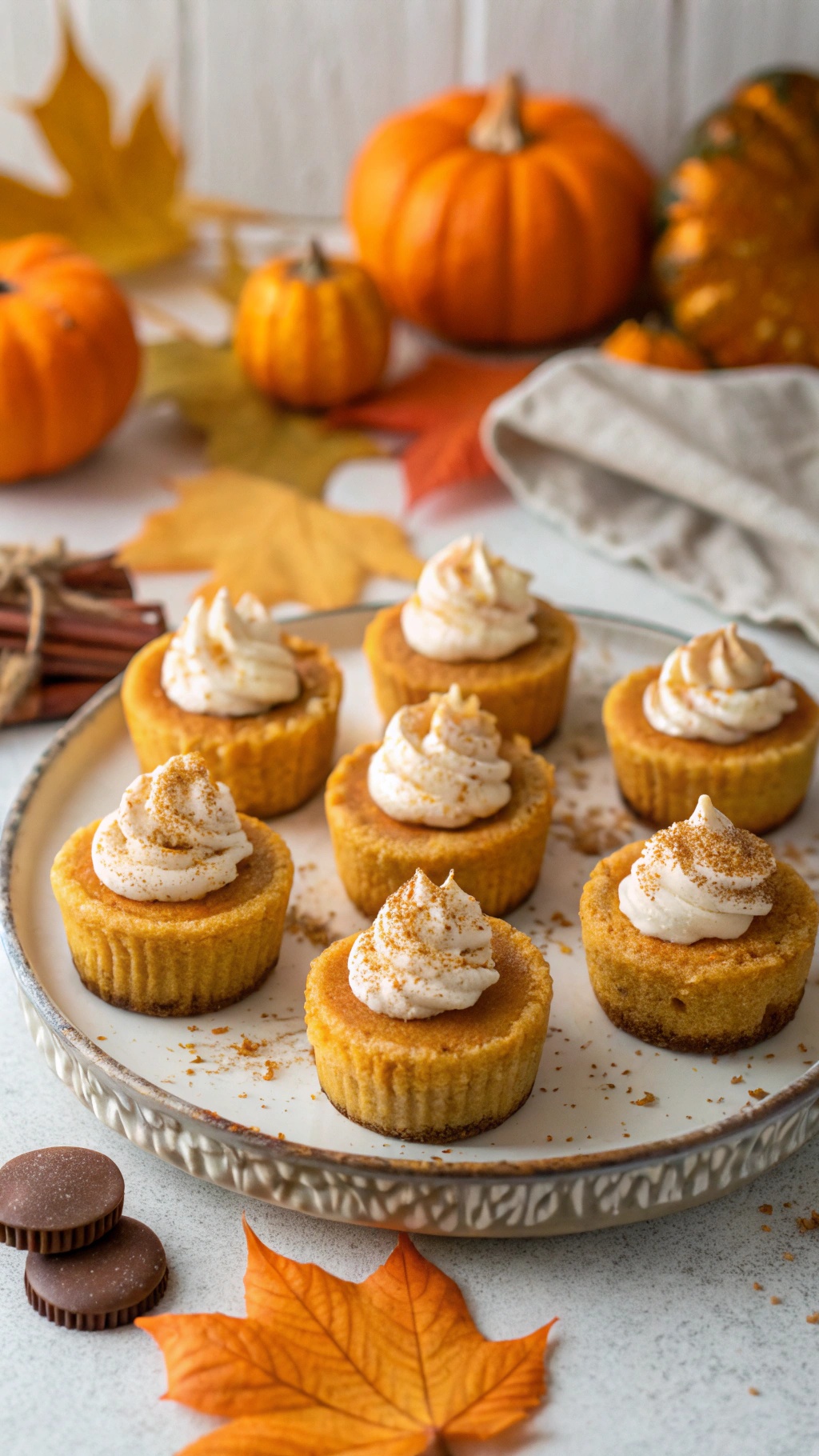 Creamy pumpkin cheesecake bites topped with whipped cream and cinnamon, surrounded by autumn leaves and pumpkins.
