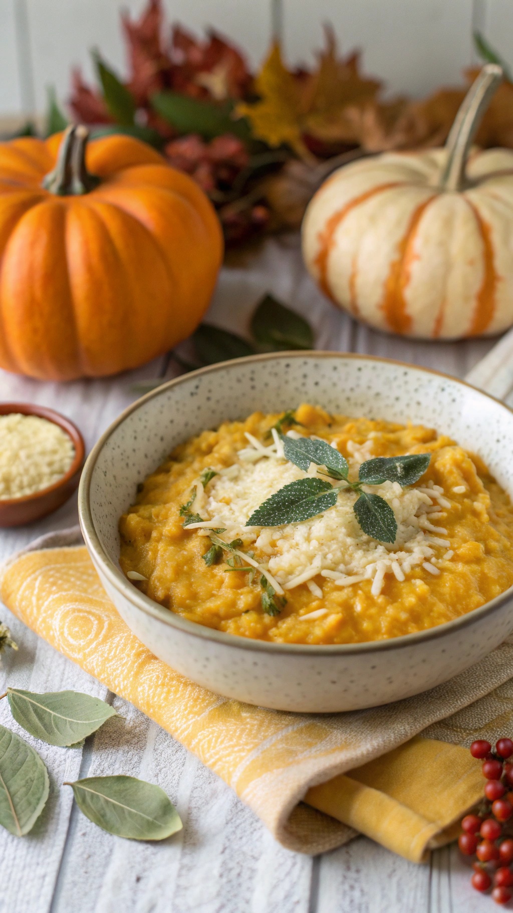 A bowl of creamy pumpkin risotto garnished with herbs, surrounded by pumpkins and fall leaves.