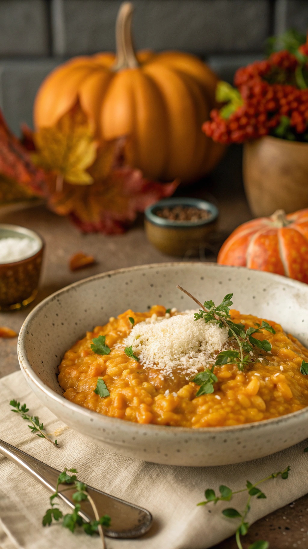 A bowl of creamy pumpkin risotto topped with cheese and herbs, surrounded by pumpkins and autumn leaves.