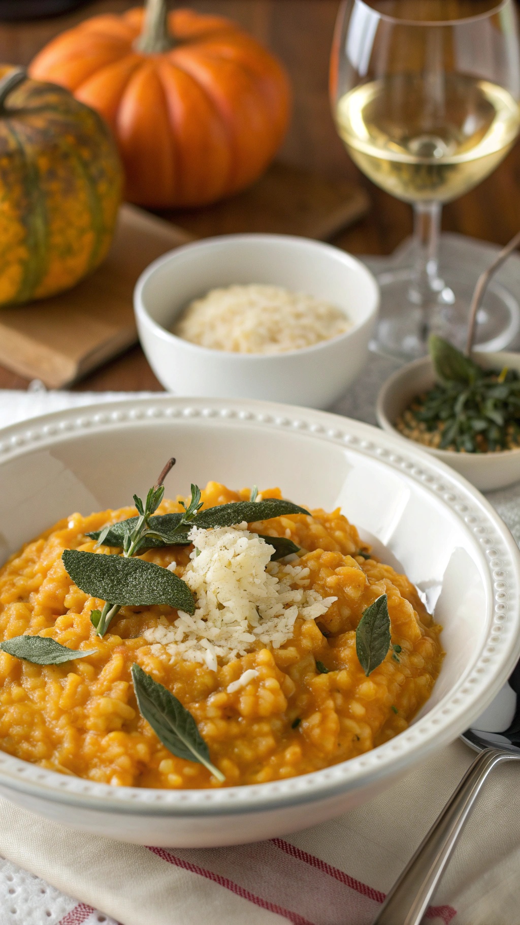 A bowl of creamy pumpkin risotto topped with sage and cheese, with pumpkins and a glass of white wine in the background.