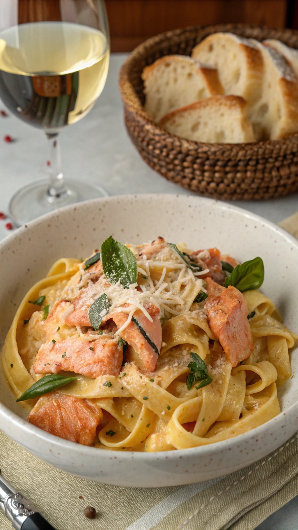 A bowl of creamy salmon pasta with fettuccine, garnished with herbs and served with a glass of white wine and bread.