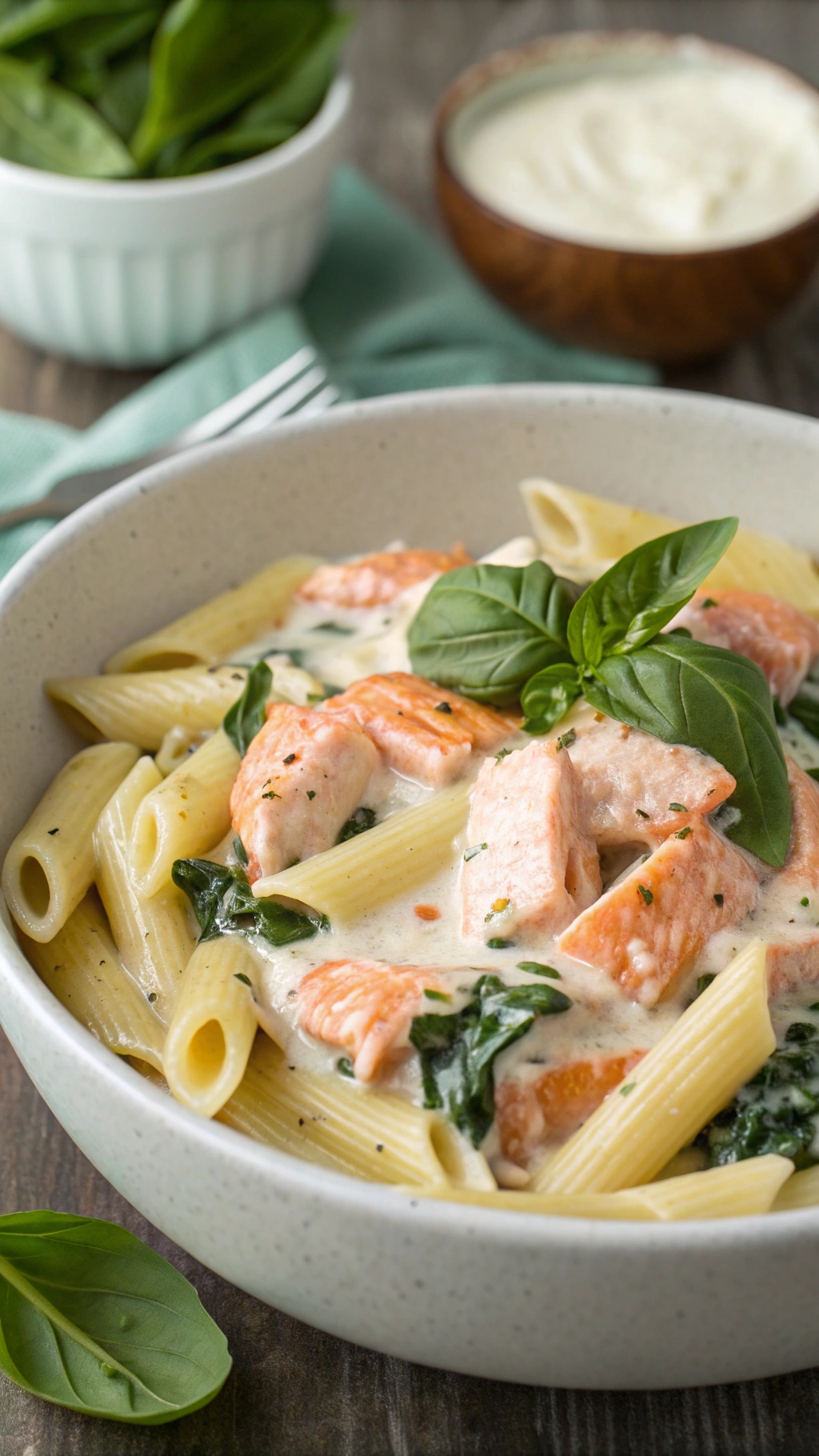 A bowl of creamy salmon pasta with spinach, garnished with fresh basil.